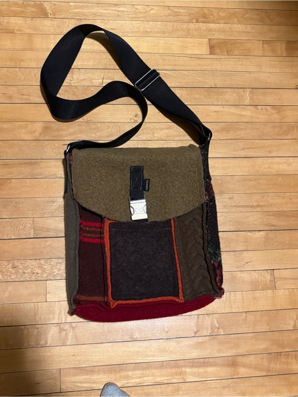Patchwork Wool Messenger Bag in Olive, Burgundy and Brown